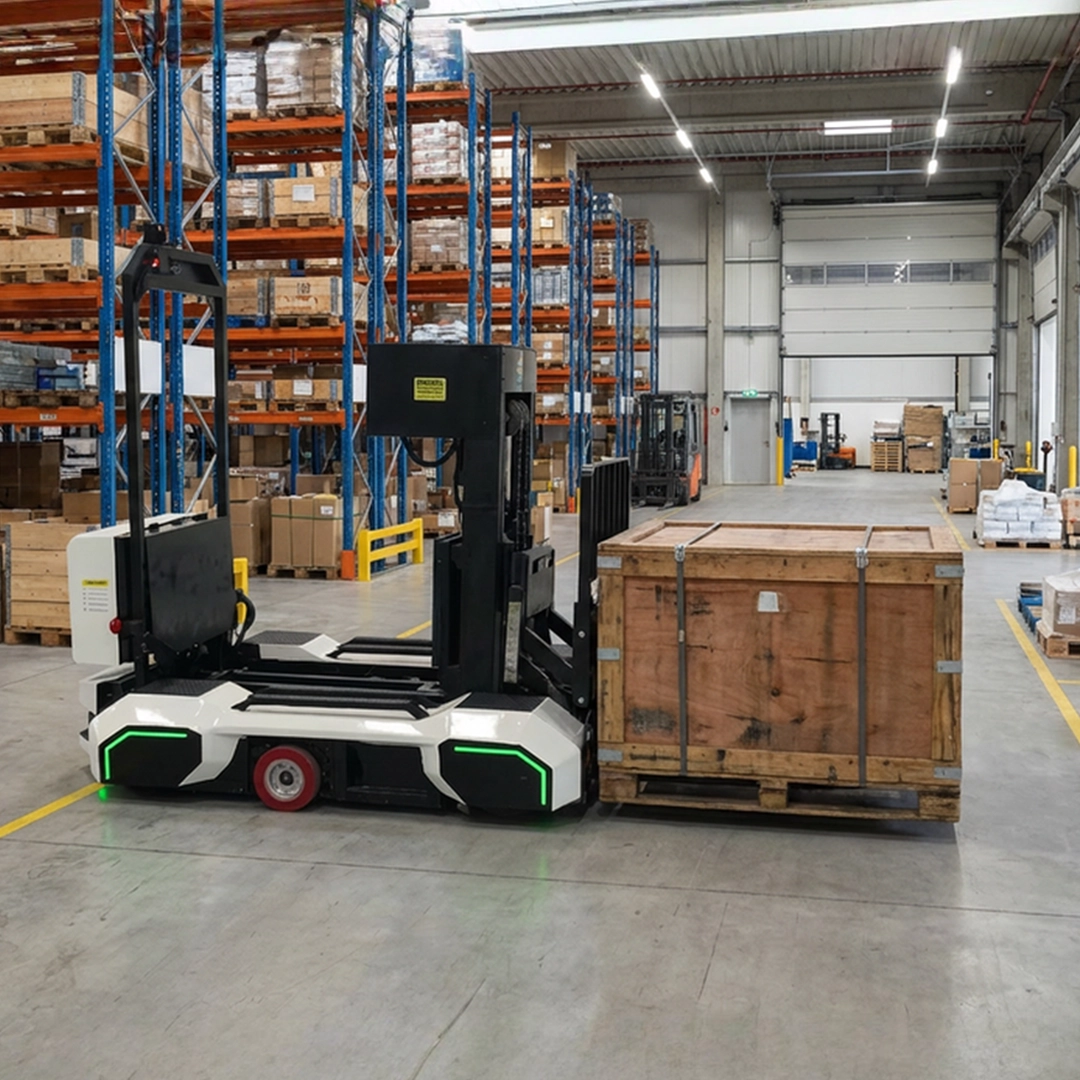 industrial autonomous forklift transporting heavy pallets in warehouse automation